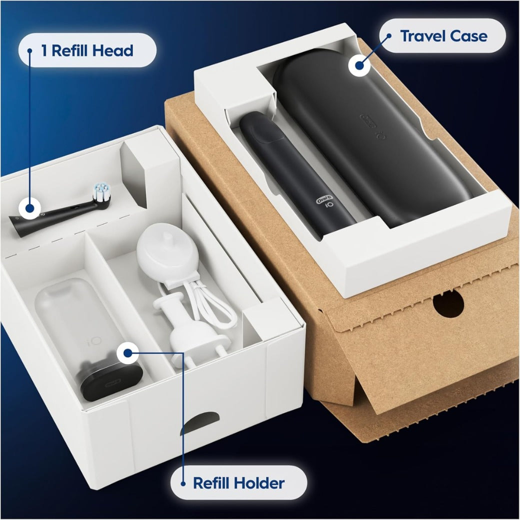 Oral-B iO2 Electric Toothbrush, 1 Gentle Care Toothbrush Head, 1 Travel Case, 1 Travel Refill Holder, Oral B Toothbrush Adults (Night Black), Designed by Braun, 2 Pin Plug