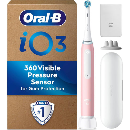 Oral-B iO 3 Blush Pink Ultimate Clean Electric Toothbrush, 1 Refill Holder, 1 Charger Pouch, 1 Travel Case, Designed by Braun