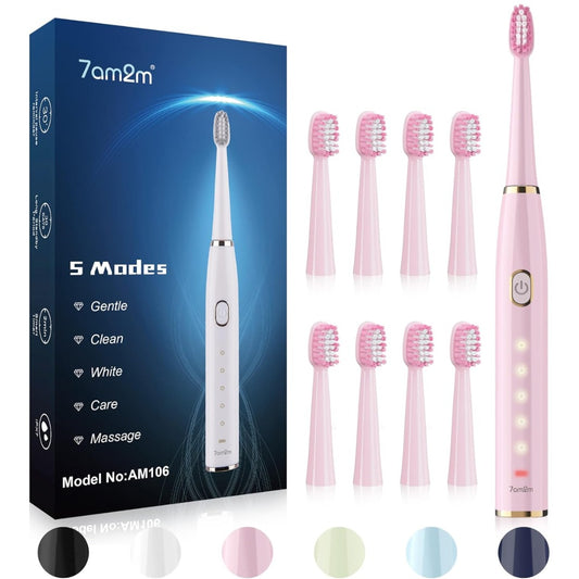 7AM2M Sonic Electric Toothbrush for Adults and Kids- High Power Rechargeable Toothbrushes with 8 Brush Heads,5 Adjustable Modes, Built-in 2-Minute Smart Timer,4 Hours Fast Charge for 75 Days(Pink)
