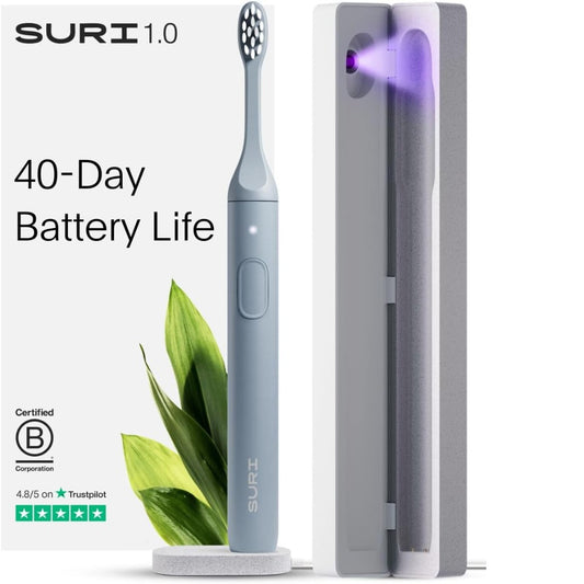 SURI 1.0 Sonic Electric Toothbrush with UV Cleaning Travel Case | 1 Month+ Battery | UK’s No.1 Rated | Electric Toothbrush Adults | Sonic Toothbrushes | Blue