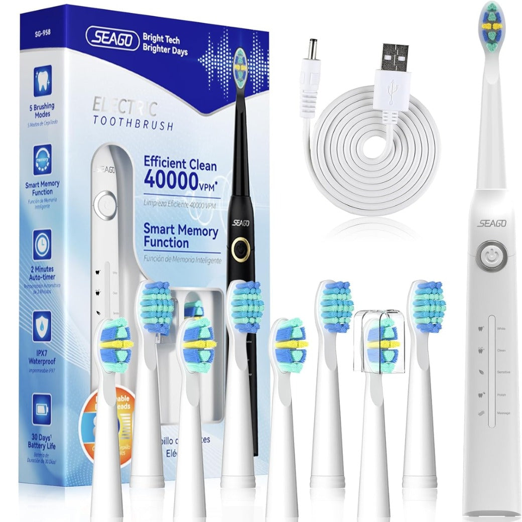 Seago Electric Toothbrush, Rechargeable Toothbrush for Adults Sensitive Teeth, 8 Brush Heads, 5 Modes with Teeth Whitening, Endurance 30 Days, Kids Electric Toothbrushes 6-12, SG-958(White)