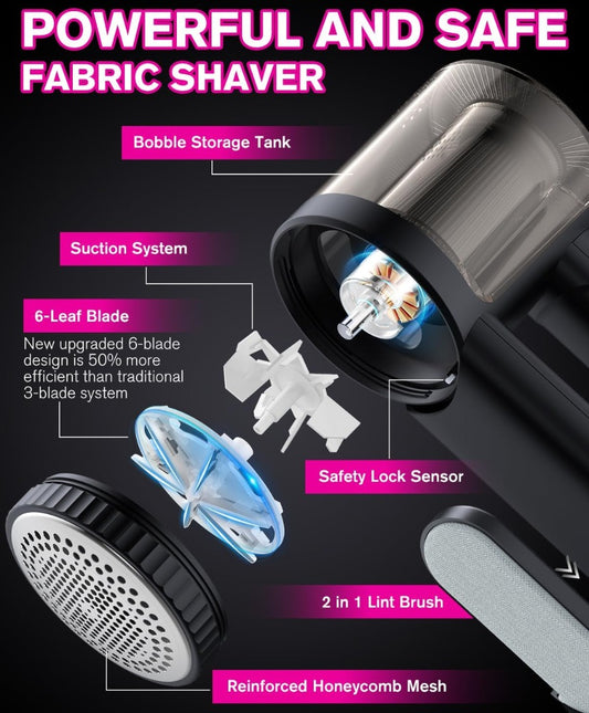 Homtronics Electric Lint Remover, 2000mAh Rechargeable Bobble Shaver for Clothes and Furniture, Adjustable 3-Speed, 6-Leaf Blade, LED Display, Quick and Effective Removal of Pills and Bobbles (Black)