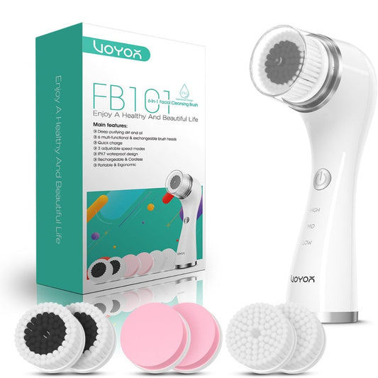 VOYOR Facial Cleansing Brush Electric with 3 Types of Replacement Heads Face Scrubber 3 Speeds Adjustable Face Brush for Skin Deep Cleansing and Exfoliation Rechargeable Face Cleansing Brush FB101