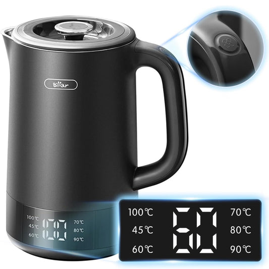 Bear 1.7L Electric Kettle, 2200W Fast Boil with 6 Temperature Settings & Touch Control, Black