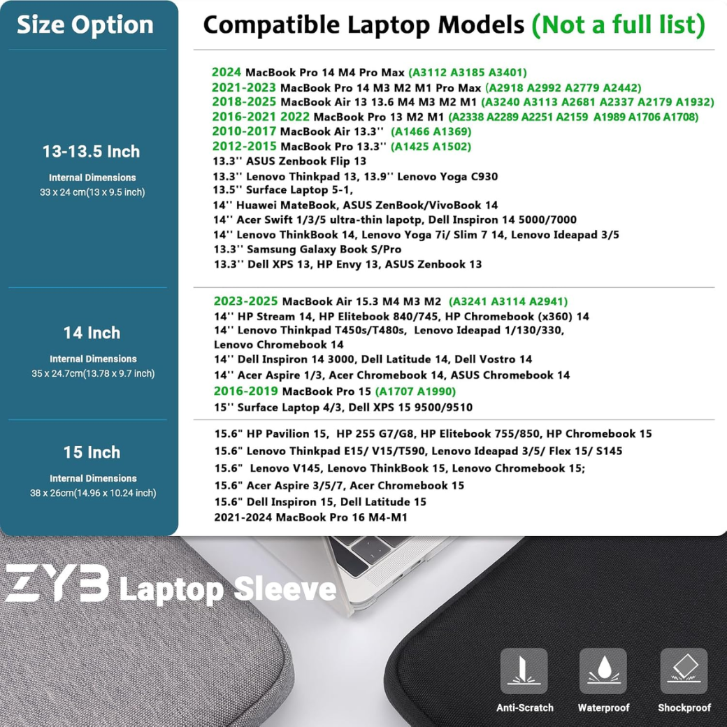 15.6 Waterproof Shockproof Laptop Sleeve with Accessory Bag