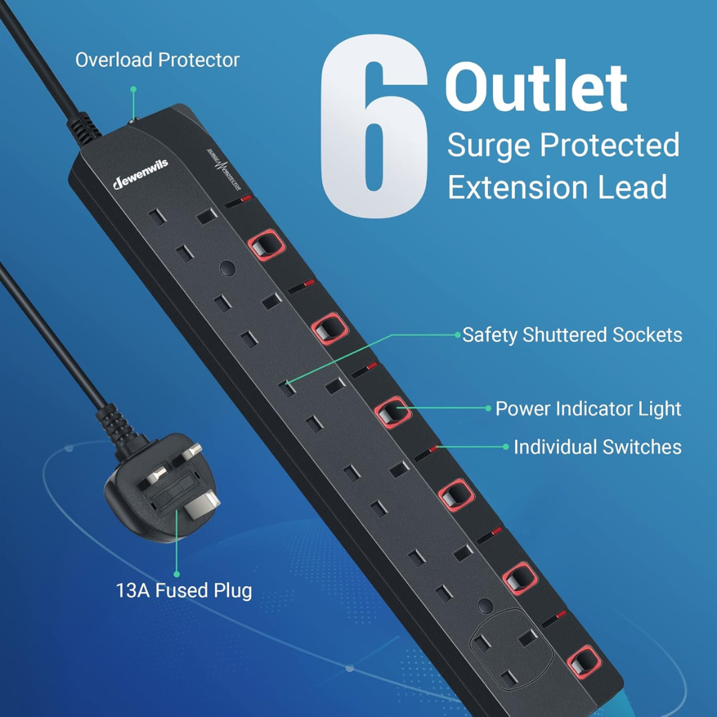 6 Way Surge Protector Power Strip with Individual Switches & LED Indicators