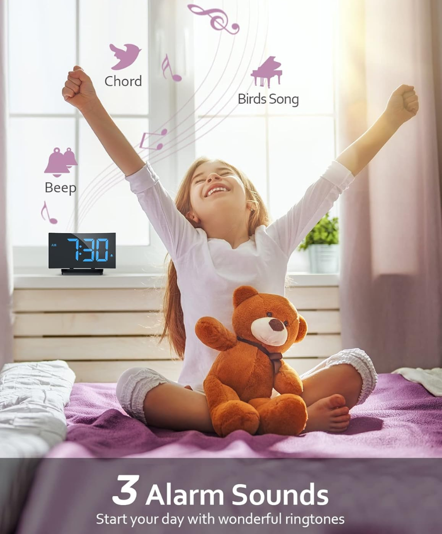 Digital Alarm Clock for Bedrooms with Modern Curved Design