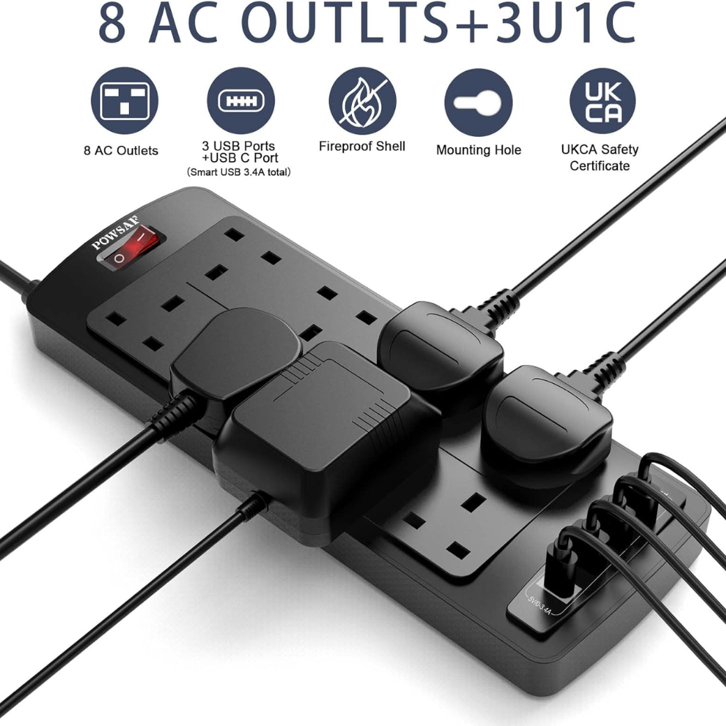 Extension Lead with 4 USB Ports Power Strip with Multiple Sockets and USB Charging Hub for Home and Office Use