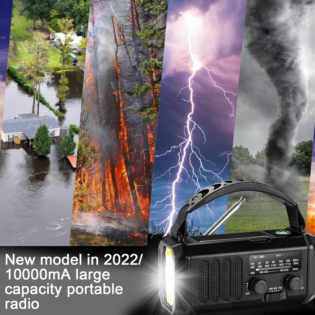 10000mAh Emergency Weather Radio Portable Hand Crank Solar Radio with LED Flashlight and Power Bank Function