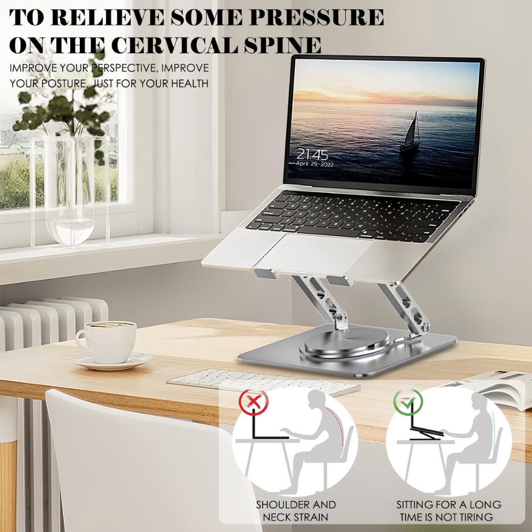 Laptop Stand with 360° Rotating Base Adjustable Ergonomic Aluminum Laptop Riser for Desk, Home and Office Use