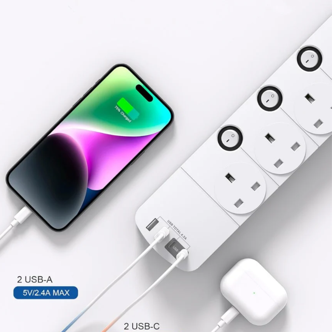 1.8M Extension Lead, 4 Way Socket Outlets Power Strips with 4 USB (2 Type C & 2 USB