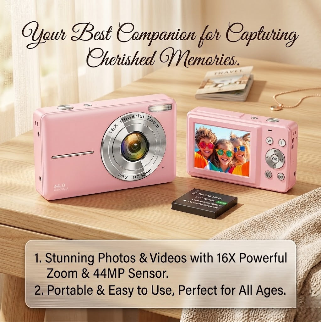 44MP Kids Digital Camera 1080P – Compact Vlogging Camera with 16X Zoom & 2.4" Screen (Pink)