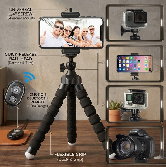 Flexible Mini Tripod Holder with Bluetooth Control, Portable Travel Camera Mobile Phone Mount Compatible with iPhone, Android Phones, GoPro, 4-8" Smart Device