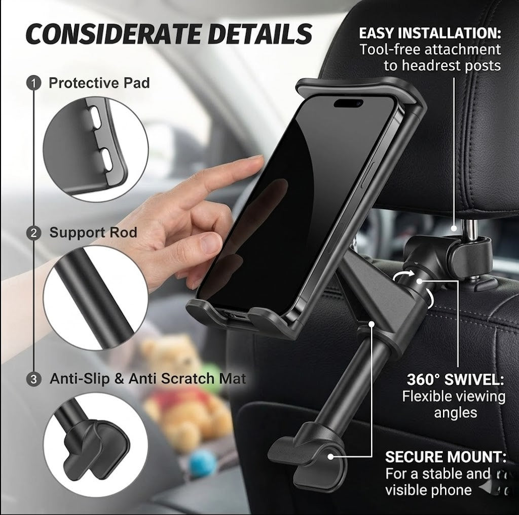 Car Tablet Holder Headrest Mount, Universal 360 Rotating Car Seat Stand Cradle for All 4.4~11" Tablets, Pad Pro 9.7, 10.5, Air mini, Nintendo Switch, Tab, Mobile Phones (Black)