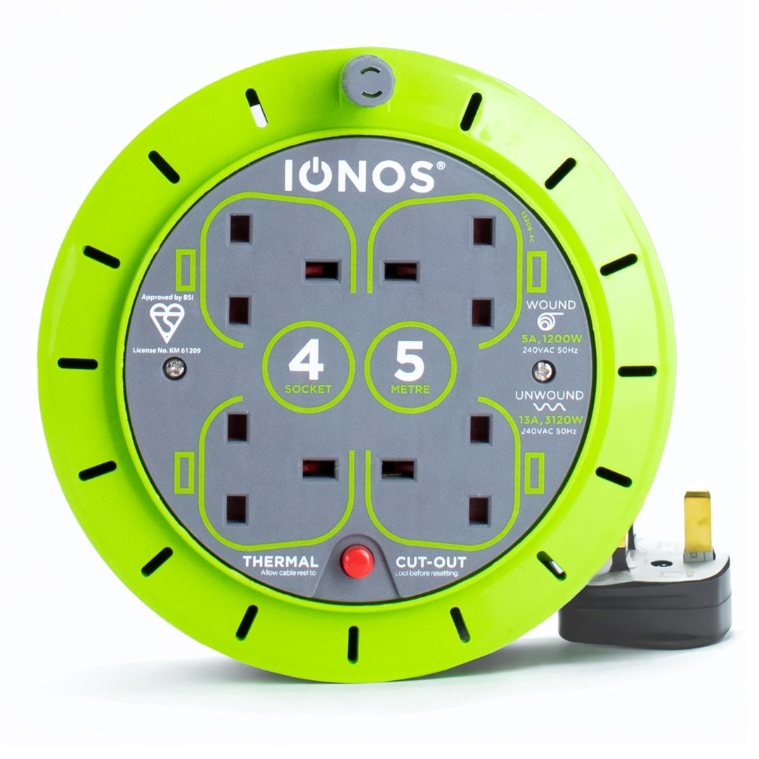 IONOS 4 Socket Cable Reel 5m | Heavy Duty 13A Extension Lead with Thermal Cut-Out