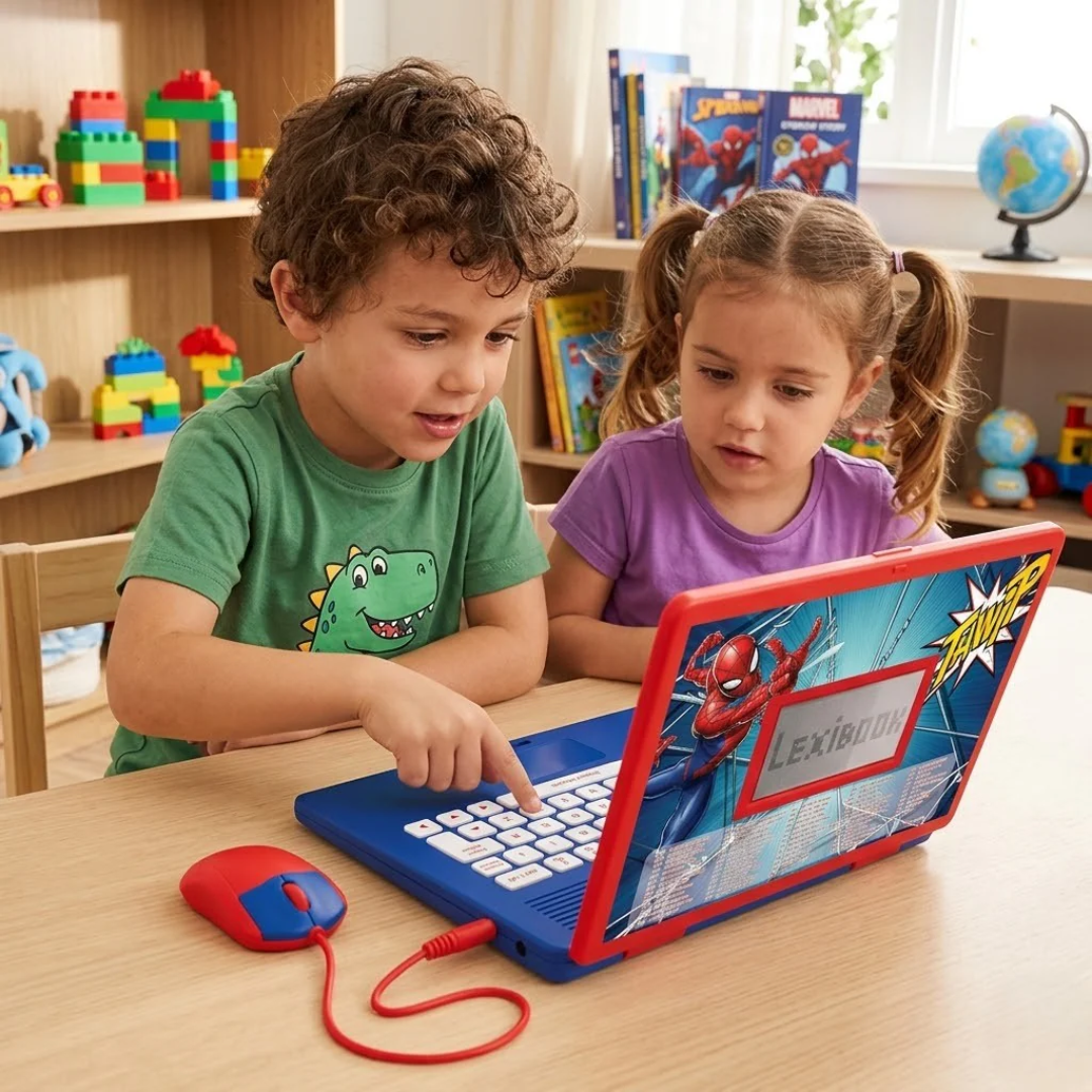 LEXIBOOK Spider-Man Educational Laptop – Bilingual Learning Toy with 124 Activities (Red/Blue)