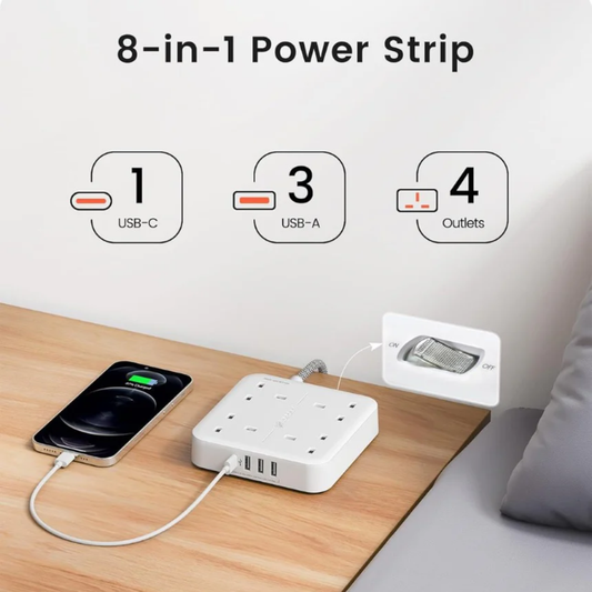3M Extension Lead with USB C Port (3250W 13A), 4 Way Outlets Power Strip with 1 USB-C and 3 USB Slots