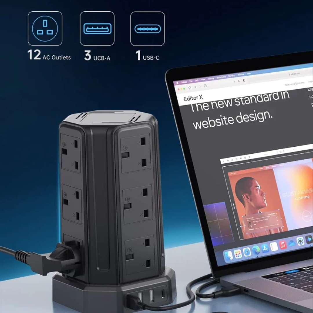 Extension Lead 5M, [13A 3250W] 12 Way Tower Extension Lead Multi Plug Extension Sockets with 4 USB Slots