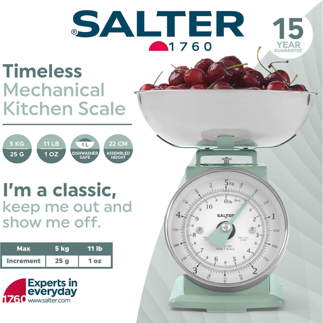 Salter Timeless Mechanical Kitchen Scale with Bowl – 5kg Capacity Analog Baking Scale, Sage Colour