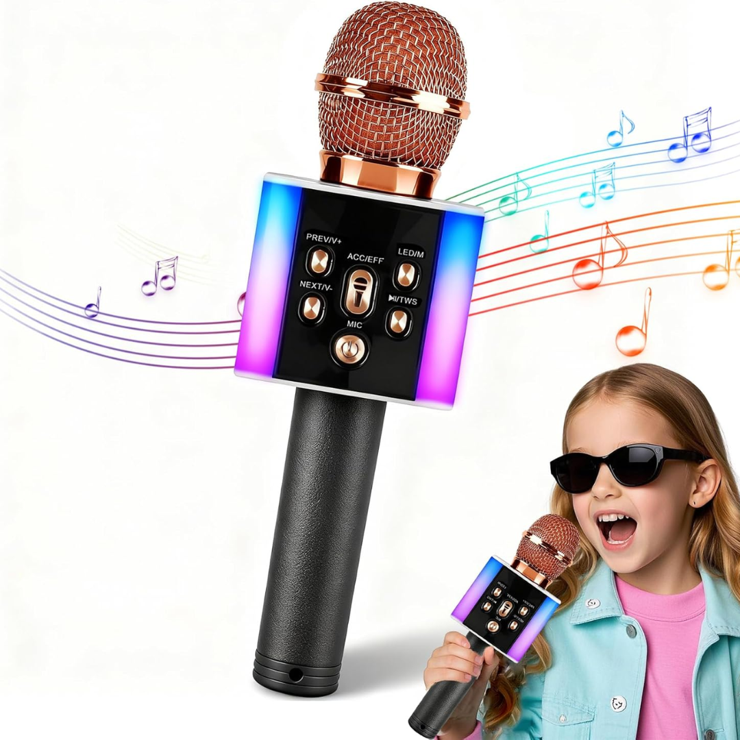 Wireless Bluetooth Karaoke Microphone with LED Lights – 2-in-1 Speaker Mic (Rose Gold)