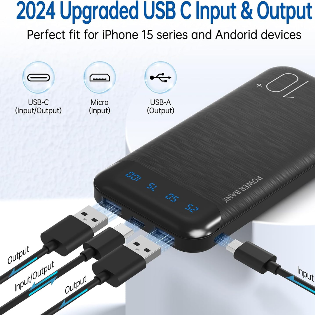 10000mAh Slim Power Bank with USB-C Input & Output | Fast Charging Portable Charger with LED Display for iPhone, Samsung & Tablets