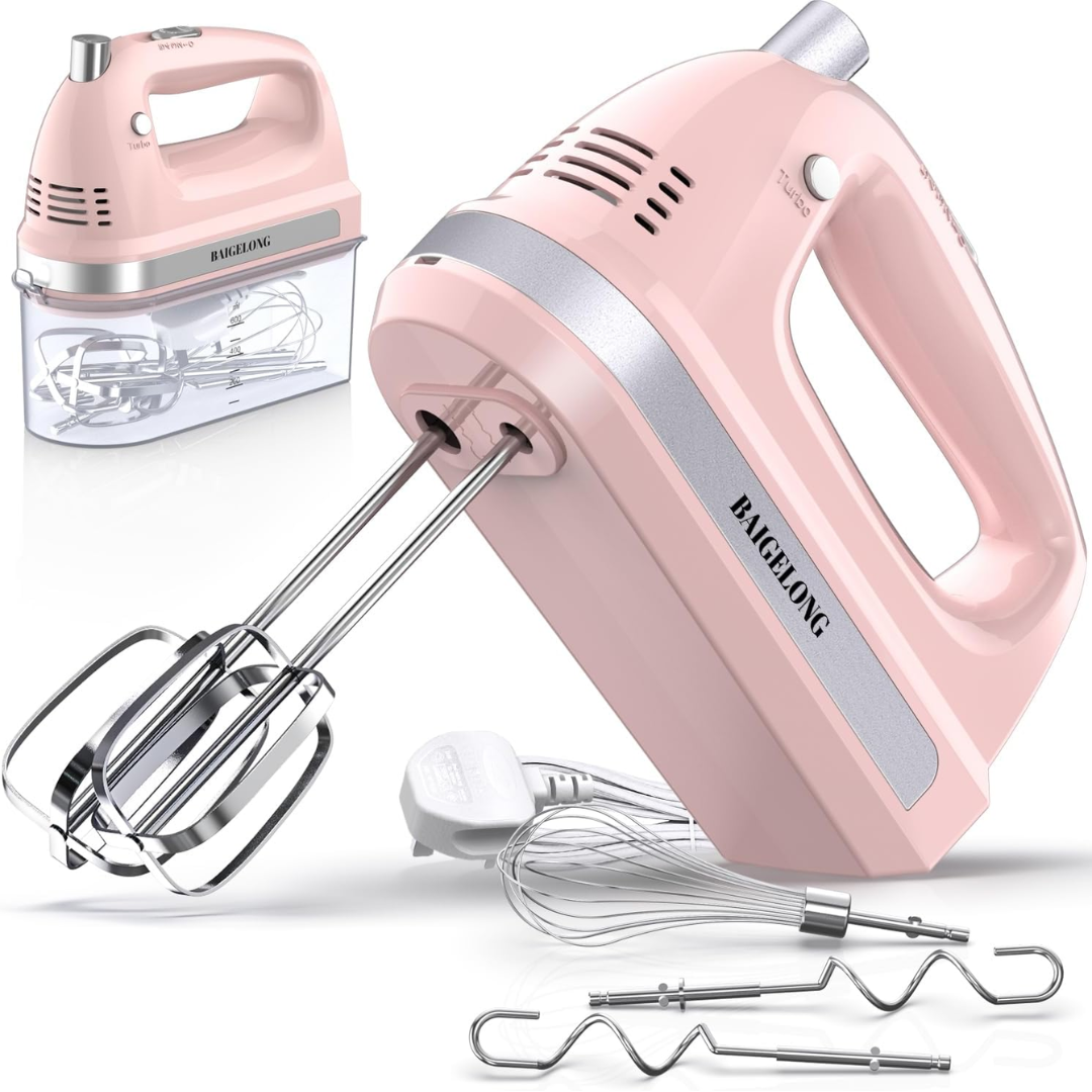 BAIGELONG 300W Hand Electric Mixer, 5-Speed + Turbo Boost Handheld Kitchen Mixer with Stainless Steel Attachments for Baking & Cooking, Pink