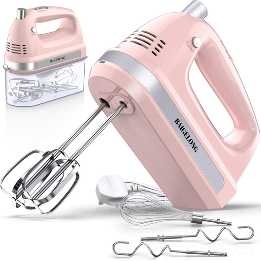 BAIGELONG 300W Hand Electric Mixer, 5-Speed + Turbo Boost Handheld Kitchen Mixer with Stainless Steel Attachments for Baking & Cooking, Pink