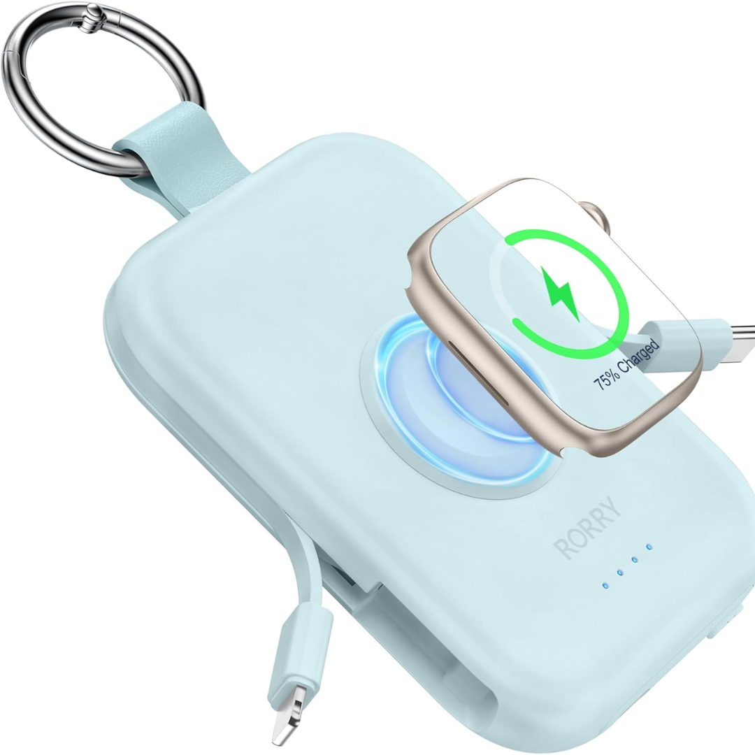 Portable Charger, 5000mAh Portable Charger Power Bank with Built-in Cables, Travel Keychain Battery Pack for iPhone Air/17/16/15/14/13/12, Apple Watch Ultra/11/10/9/8/7/6/SE, Purple