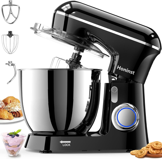 Honinst 1400W Stand Mixer, 6.5L 10-Speed Tilt-Head Electric Cake Mixer, 3-in-1 Kitchen Mixer with Bowl, Dough Hook, Whisk & Beater for Baking & Home Use, Black