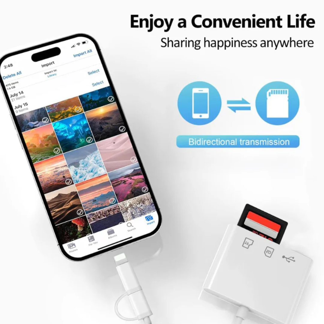 SD Card Reader for iPhone & iPad Lightning/USB-C Memory Card Adapter High-Speed Photo and Video Transfer OTG Compatible Device