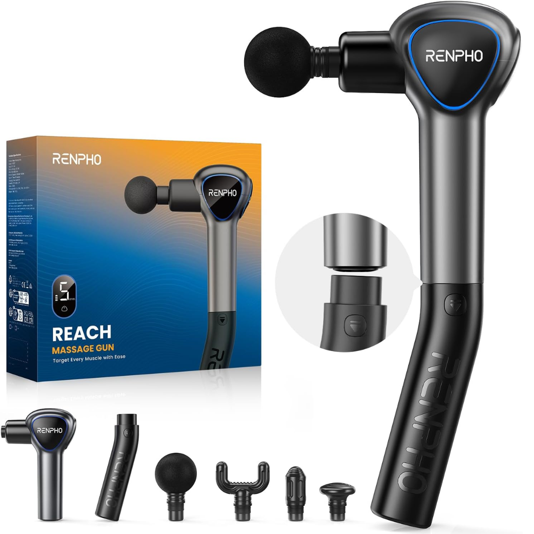 RENPHO Reach Handle Massage Gun – Mini Deep Tissue Massager, 5 Speed, 4 Heads, 3200RPM, Extension Handle (Black)