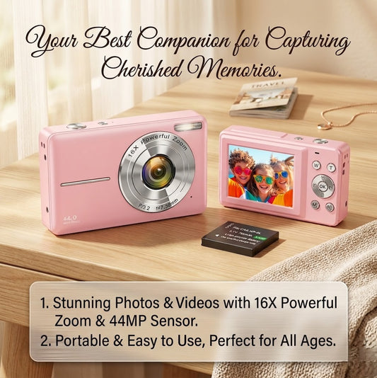 44MP Kids Digital Camera 1080P – Compact Vlogging Camera with 16X Zoom & 2.4" Screen (Pink)