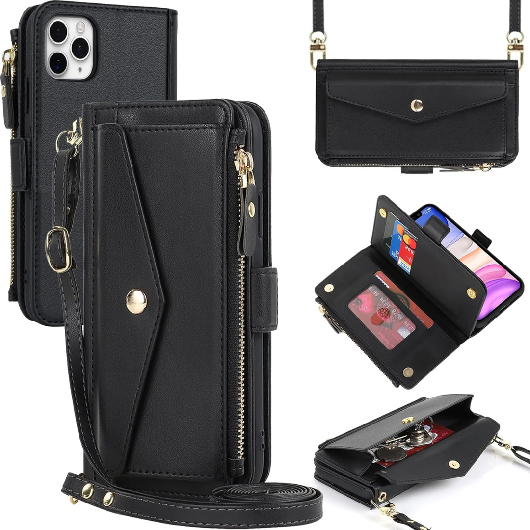 Zouzt for iPhone 11 Wallet Case for Women, Purse with Credit Card Holder Slots Crossbody Lanyard Strap Zipper Flip Book Shockproof Protective Phone Cover for Apple 11 6.1 Inch (Pink)