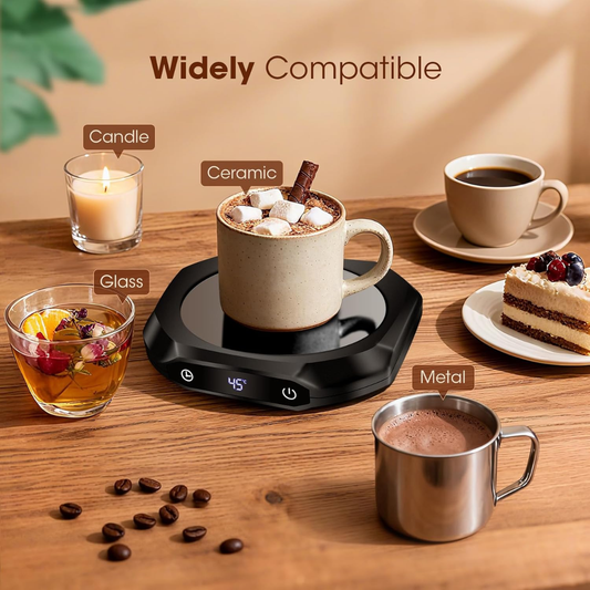 MQUPIN Mug Warmer for Desk – 3 Temp Settings (55°C/65°C/75°C), Auto Shut-Off 1–12H, Coffee Tea & Milk Warmer for Office & Home Use