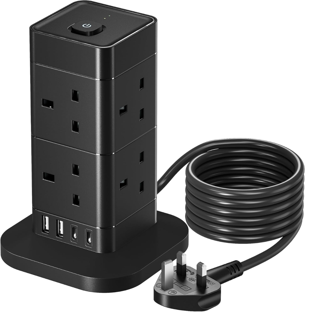 Hotimy Tower Extension Lead-8 Way Surge Protector with USB & Type-C Ports (3M)