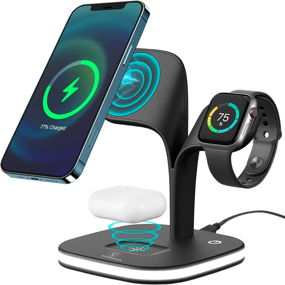 5-in-1 Magnetic Wireless Charger Station - 15W Fast Charging Dock with LED Lamp