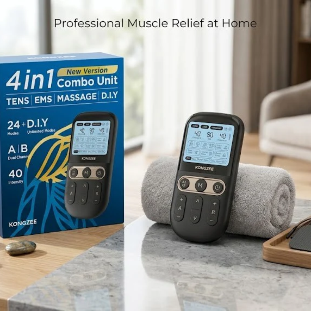 4-in-1 TENS & EMS Muscle Stimulator – Dual Channel Pain Relief Massager with 12 Electrode Pads (Rechargeable)