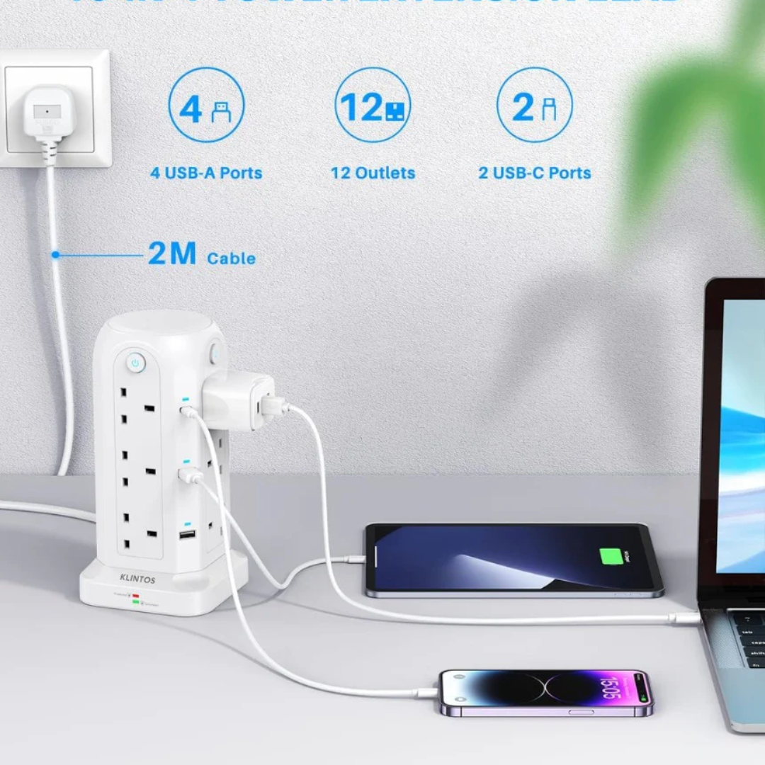 Tower Extension Lead with USB Slots【2 USB C & 4 USB A】, 1400J Surge Protected Extension Lead with Individual Switches