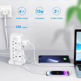 Tower Extension Lead with USB Slots【2 USB C & 4 USB A】, 1400J Surge Protected Extension Lead with Individual Switches