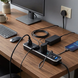 Masterplug Four Socket Switched Inline Power Surge Protected Extension Lead with Two USB Charging Ports, 2 Metres, Gloss Black