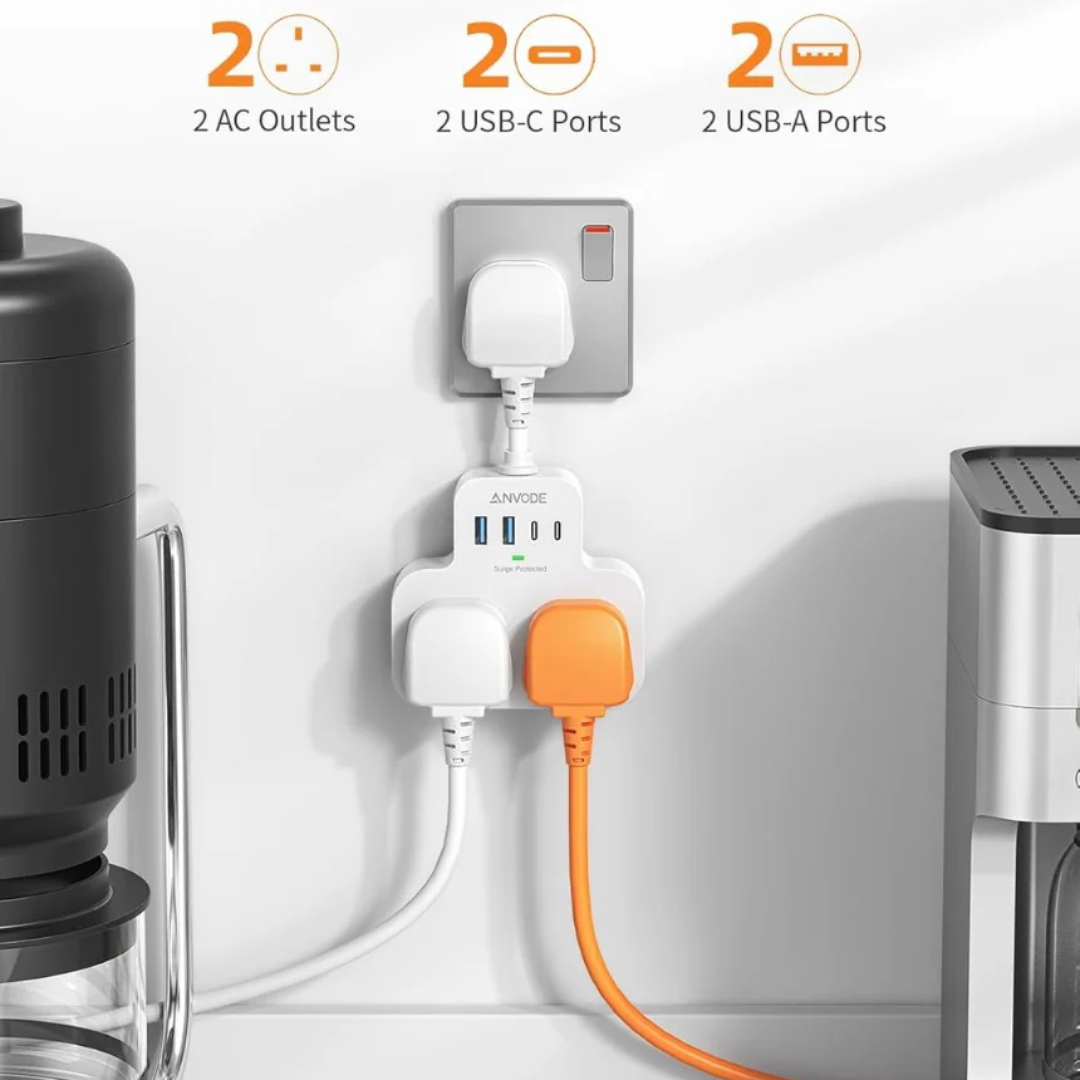 Multi Plug Extension Socket with 4 USB Ports, ANVODE 2 Way Plug Adaptor with Flexible Cable, Short Extension Lead Double Adapter Plug UK for Bedroom, Office..