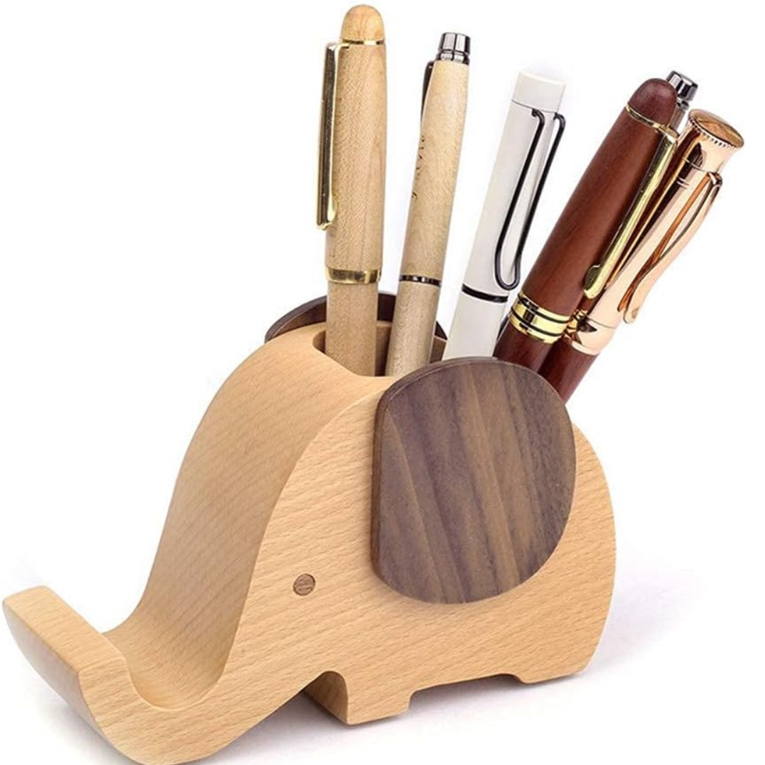 Elephant Pen Holder Phone Stand with Pencil Holder, Wooden Desk Organizer for Pens, Pencils, Office Supplies & Cute Workspace Decor