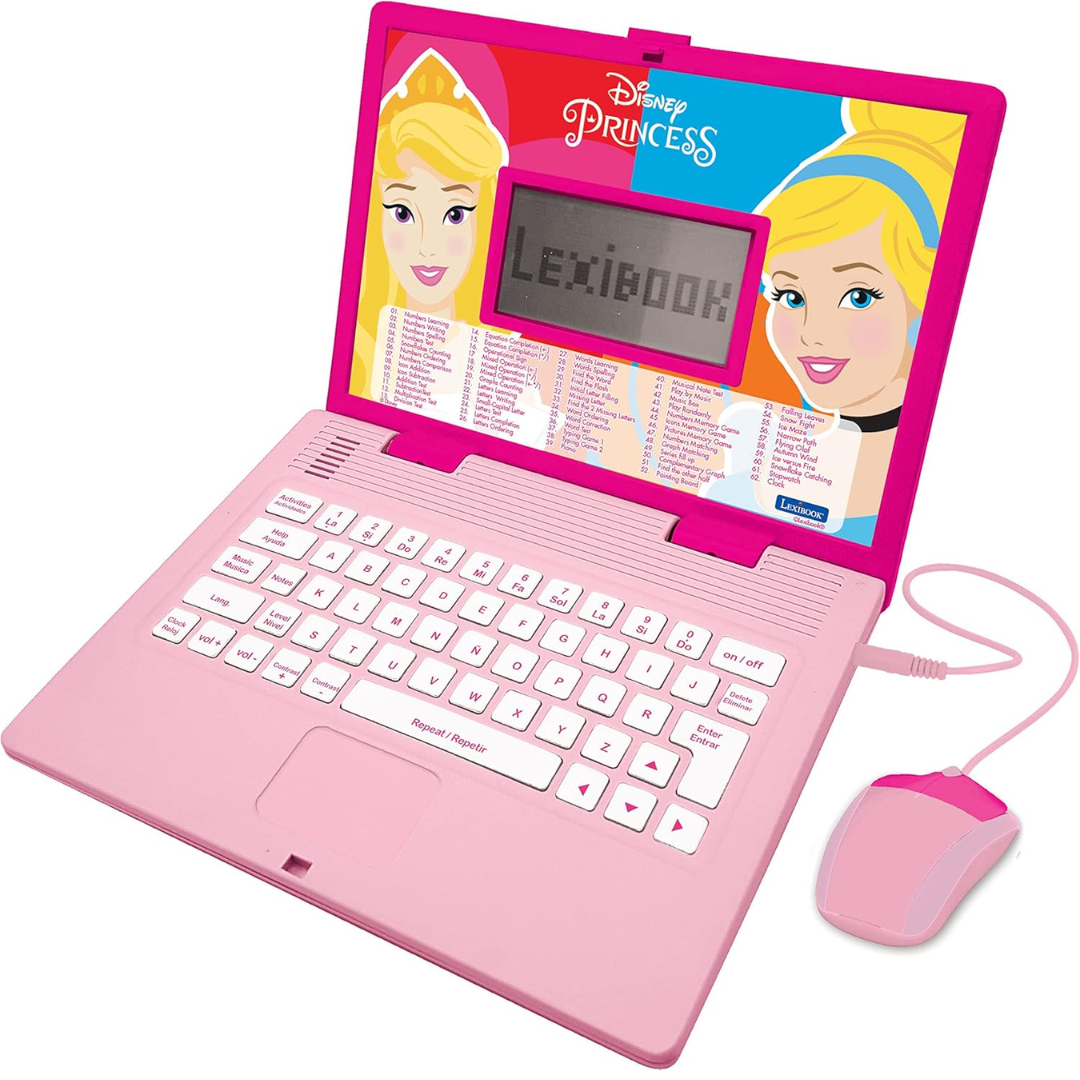 LEXIBOOK Disney Princess Educational Laptop – Bilingual Spanish/English Kids Learning Toy with 124 Activities (Pink)