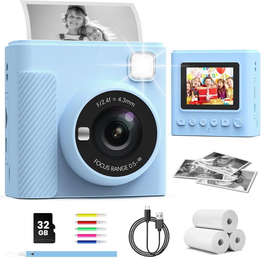 TIATUA Kids Instant Print Camera 1080P with 32GB Card – Blue (Ages 3–12)