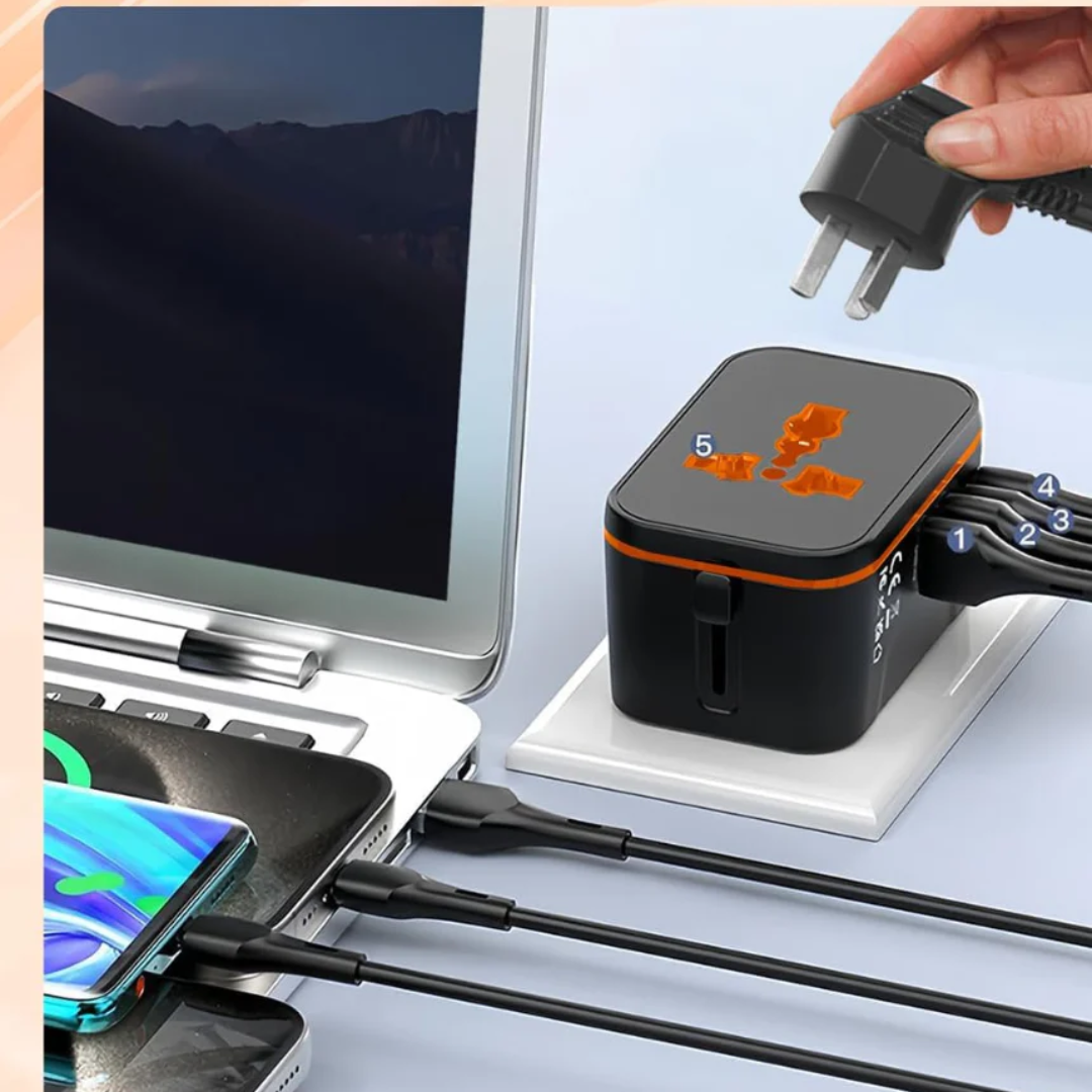 Universal Travel Adapter, All-in-One International Power Plug with Multi-Country Compatibility & USB Charging Ports