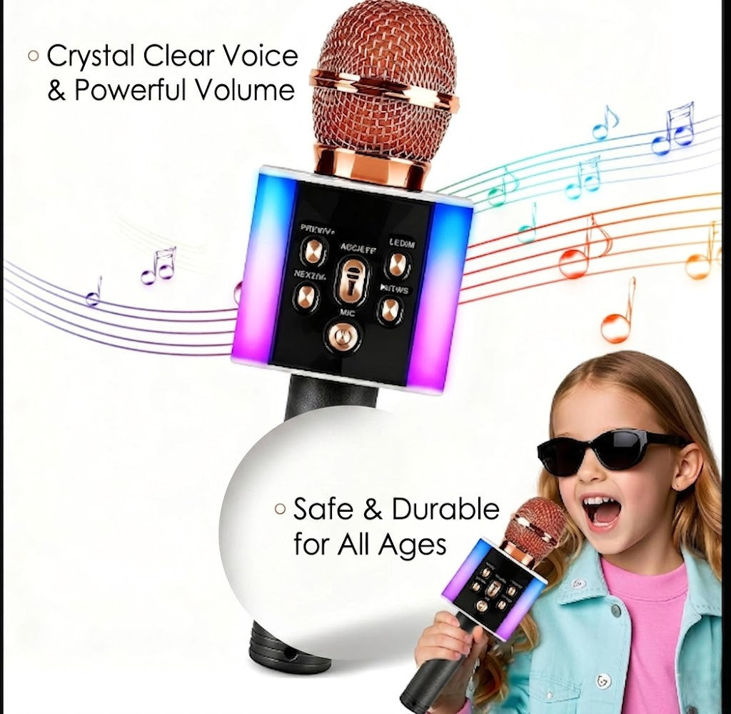 Wireless Bluetooth Karaoke Microphone with LED Lights – 2-in-1 Speaker Mic (Rose Gold)