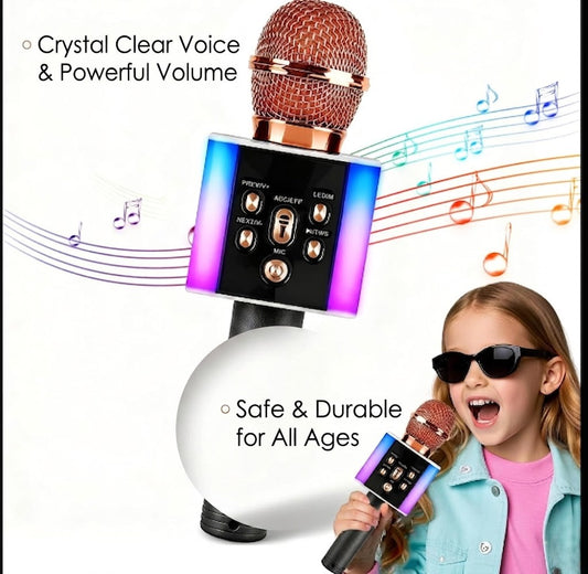 Wireless Bluetooth Karaoke Microphone with LED Lights – 2-in-1 Speaker Mic (Rose Gold)