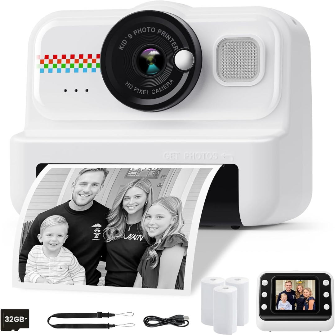 HiMont Kids Instant Print Camera 1080P with 32GB Card & Paper Rolls (Black)
