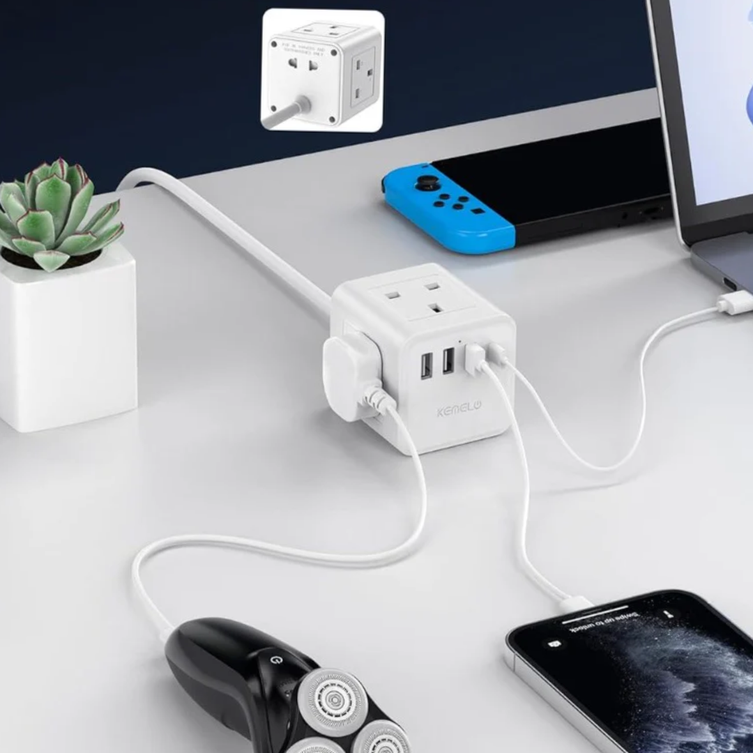 Cube Extension Lead with 4 USB Slots, Kemelo 4 Way (13A/3250W) Multi Plug Extension Cable with Child Safety UK Desktop Power Extension Socke