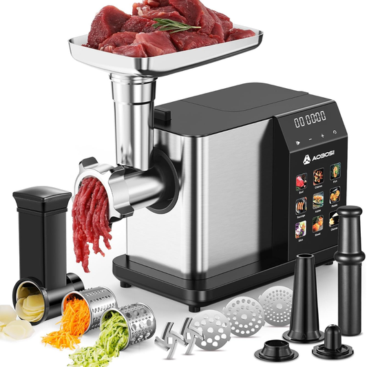 AAOBOSI 3000W Max Electric Meat Grinder, 9-Speed & 9 Preset Modes, Non-Clogging System with Sausage, Kubbe Maker & Grater Kit for Home Kitchen Use